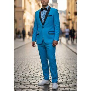 Blue Tuxedo Costume With Ruffled Shirt & Bow Tie Smiffys L Polyester Unisex